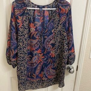 Chaps Blue and Orange Graphic Blouse with 3/4 Sleeves